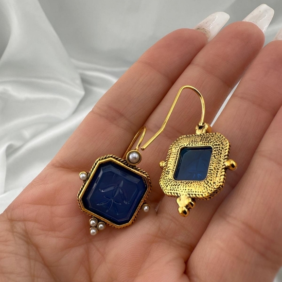 Anthropologie Elegant Gold and Blue Earrings With Pearl Accents - Picture 4 of 5